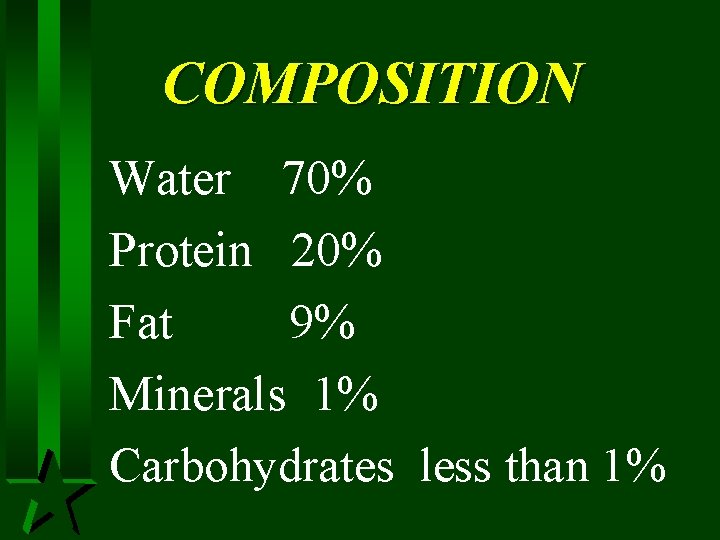 COMPOSITION Water 70% Protein 20% Fat 9% Minerals 1% Carbohydrates less than 1% 