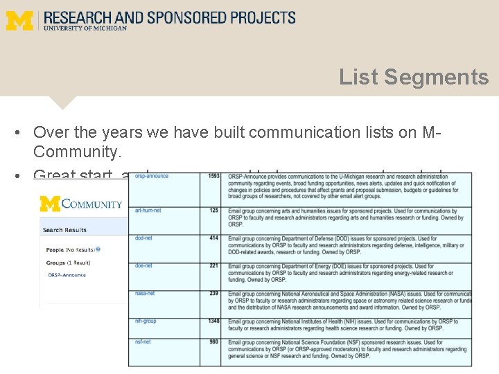 List Segments • Over the years we have built communication lists on MCommunity. •