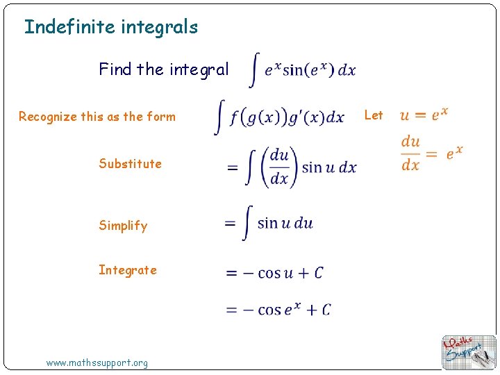 Indefinite integrals Find the integral Recognize this as the form Substitute Simplify Integrate www.