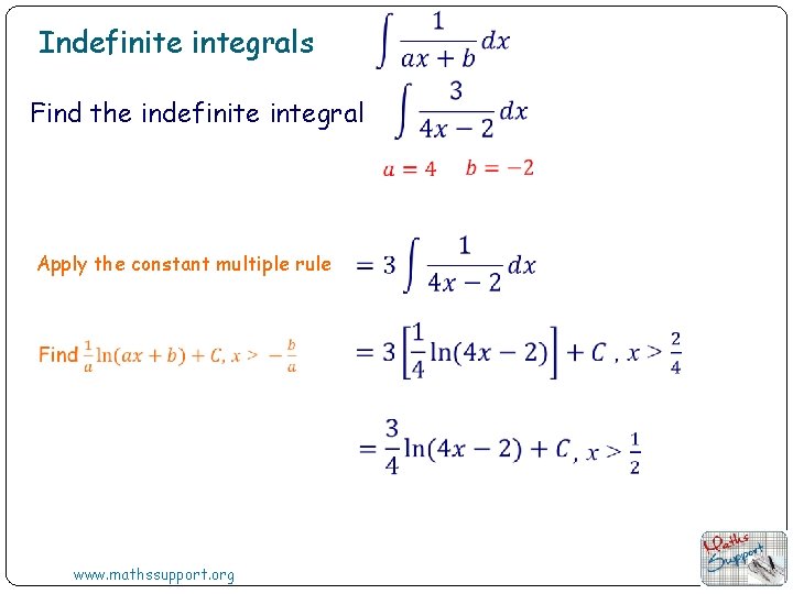Indefinite integrals Find the indefinite integral Apply the constant multiple rule www. mathssupport. org