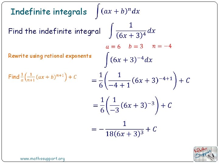 Indefinite integrals Find the indefinite integral Rewrite using rational exponents www. mathssupport. org 