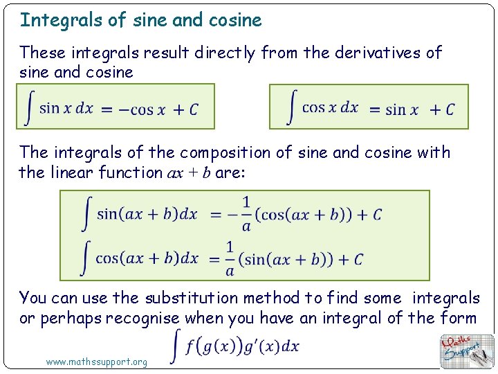 Integrals of sine and cosine These integrals result directly from the derivatives of sine