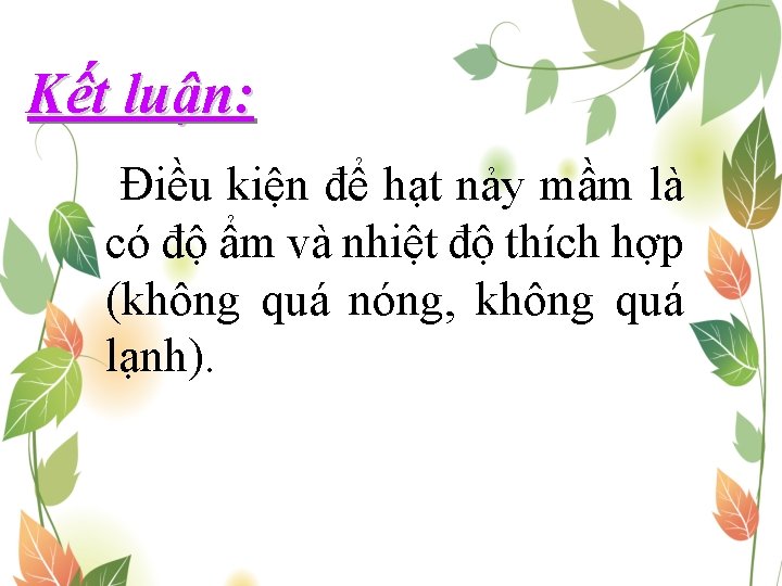 Kết luận: Điều kiện để hạt nảy mầm là có độ ẩm và nhiệt