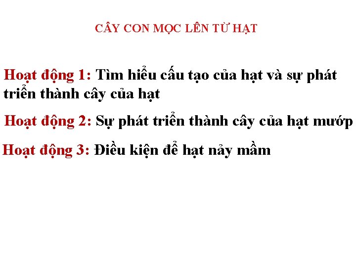 C Y CON MỌC LÊN TỪ HẠT Hoạt động 1: Tìm hiểu cấu tạo