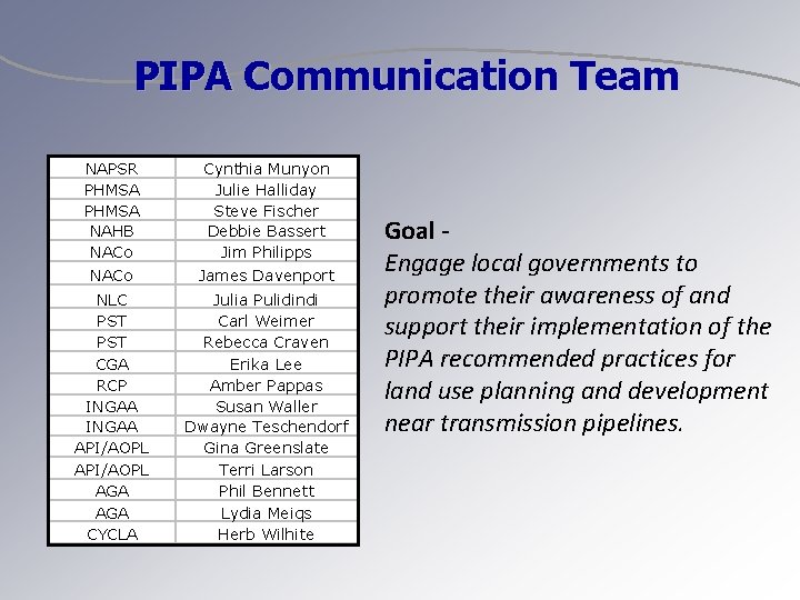 PIPA Communication Team NAPSR PHMSA NAHB NACo Cynthia Munyon Julie Halliday Steve Fischer Debbie