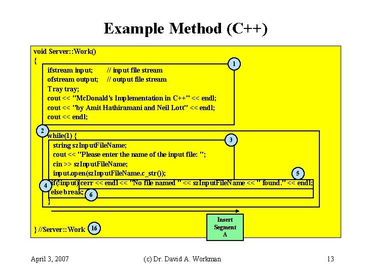 Example Method (C++) void Server: : Work() { ifstream input; // input file stream