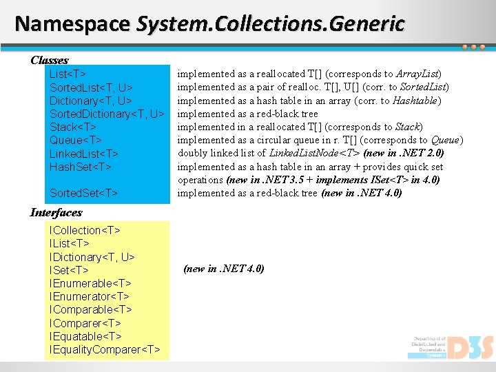Namespace System. Collections. Generic Classes List<T> Sorted. List<T, U> Dictionary<T, U> Sorted. Dictionary<T, U>