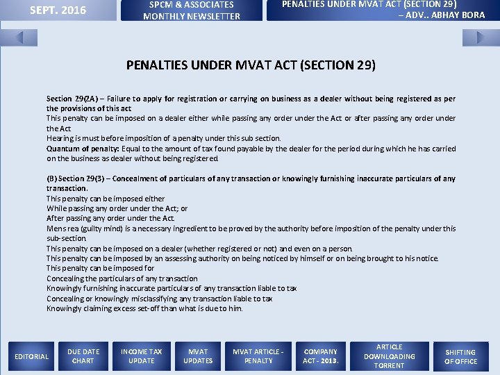 SEPT. 2016 SPCM & ASSOCIATES MONTHLY NEWSLETTER PENALTIES UNDER MVAT ACT (SECTION 29) –