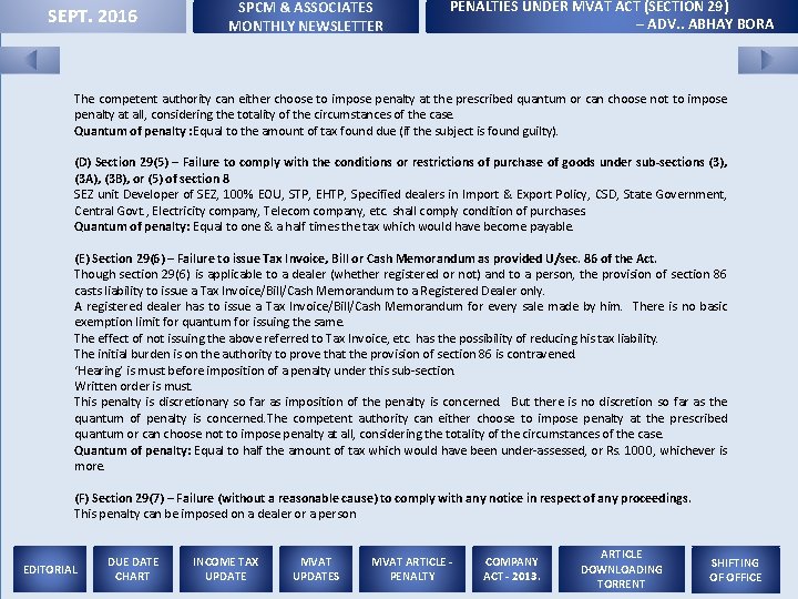 SEPT. 2016 SPCM & ASSOCIATES MONTHLY NEWSLETTER PENALTIES UNDER MVAT ACT (SECTION 29) –