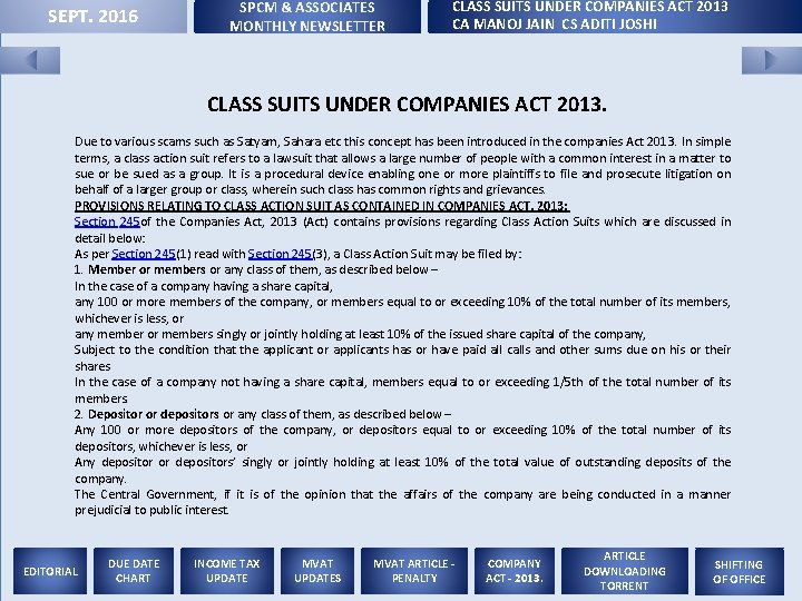 SEPT. 2016 SPCM & ASSOCIATES MONTHLY NEWSLETTER CLASS SUITS UNDER COMPANIES ACT 2013 CA