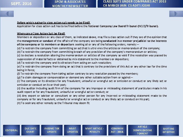 SEPT. 2016 SPCM & ASSOCIATES MONTHLY NEWSLETTER CLASS SUITS UNDER COMPANIES ACT 2013 CA