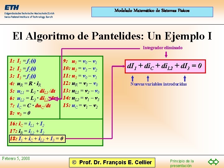 Modelado Matemático de Sistemas Físicos El Algoritmo de Pantelides: Un Ejemplo I Integrador eliminado