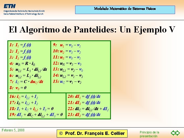 Modelado Matemático de Sistemas Físicos El Algoritmo de Pantelides: Un Ejemplo V 1: 2: