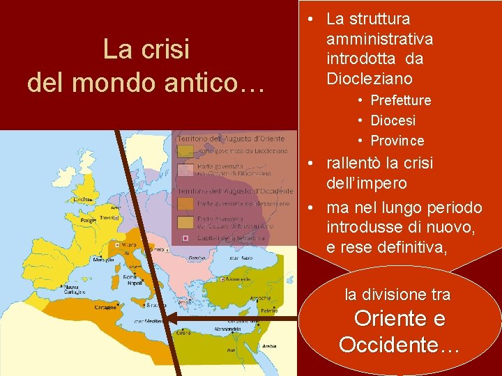 La crisi del mondo antico… • La struttura amministrativa introdotta da Diocleziano • Prefetture