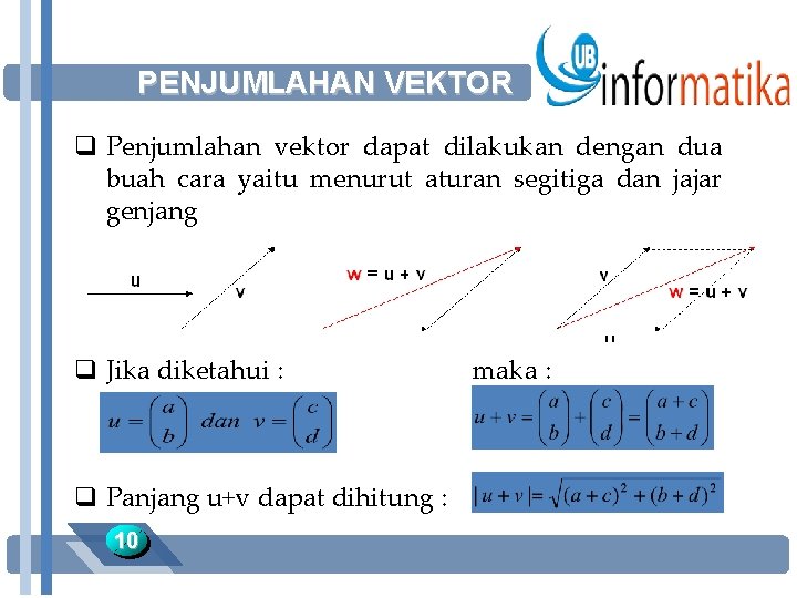 PENJUMLAHAN VEKTOR q Penjumlahan vektor dapat dilakukan dengan dua buah cara yaitu menurut aturan