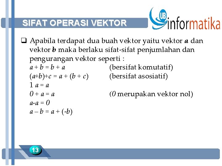 SIFAT OPERASI VEKTOR q Apabila terdapat dua buah vektor yaitu vektor a dan vektor