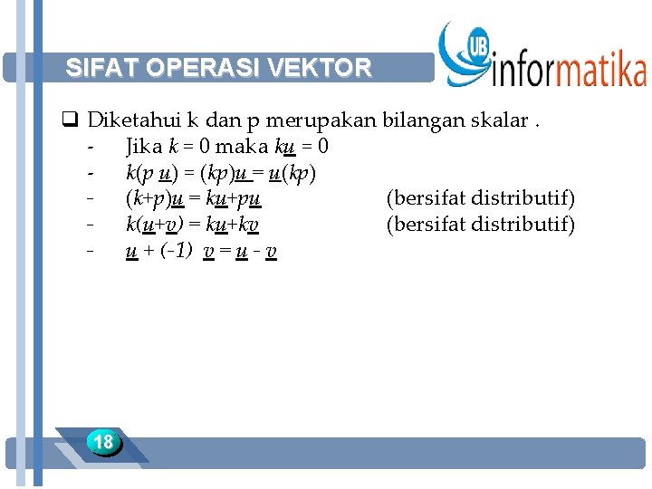 SIFAT OPERASI VEKTOR q Diketahui k dan p merupakan bilangan skalar. - Jika k
