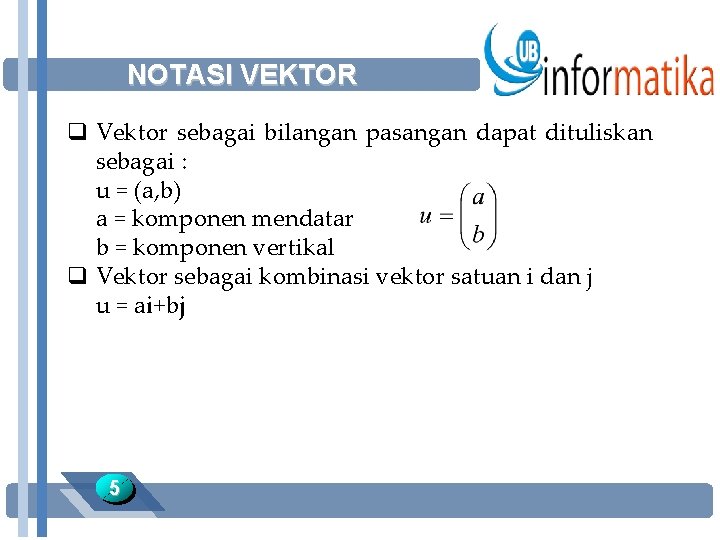 NOTASI VEKTOR q Vektor sebagai bilangan pasangan dapat dituliskan sebagai : u = (a,