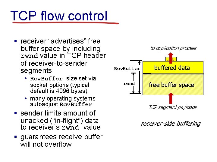 TCP flow control § receiver “advertises” free buffer space by including rwnd value in