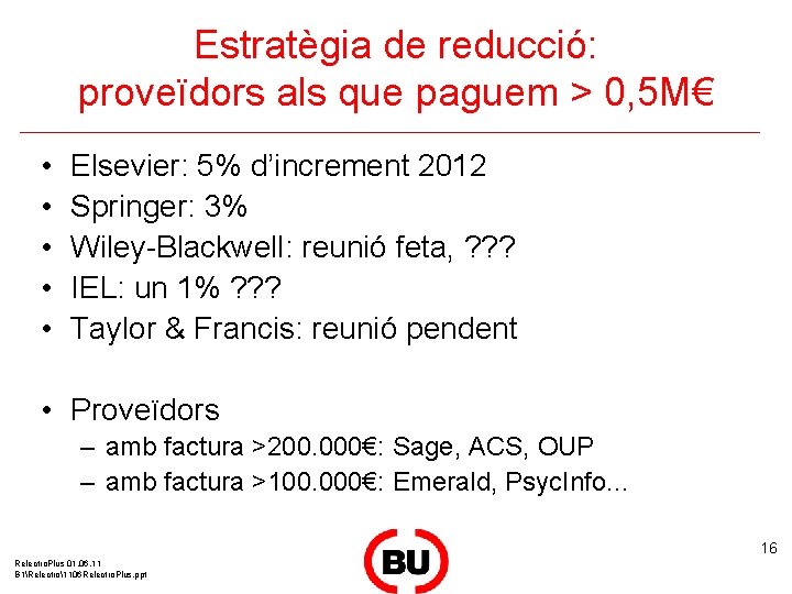 Estratègia de reducció: proveïdors als que paguem > 0, 5 M€ • • •