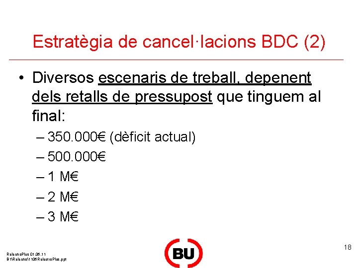 Estratègia de cancel·lacions BDC (2) • Diversos escenaris de treball, depenent dels retalls de