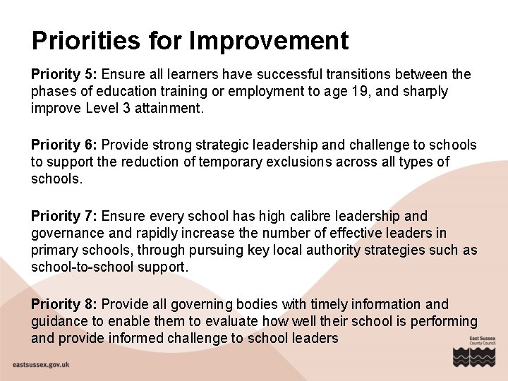 Priorities for Improvement Priority 5: Ensure all learners have successful transitions between the phases