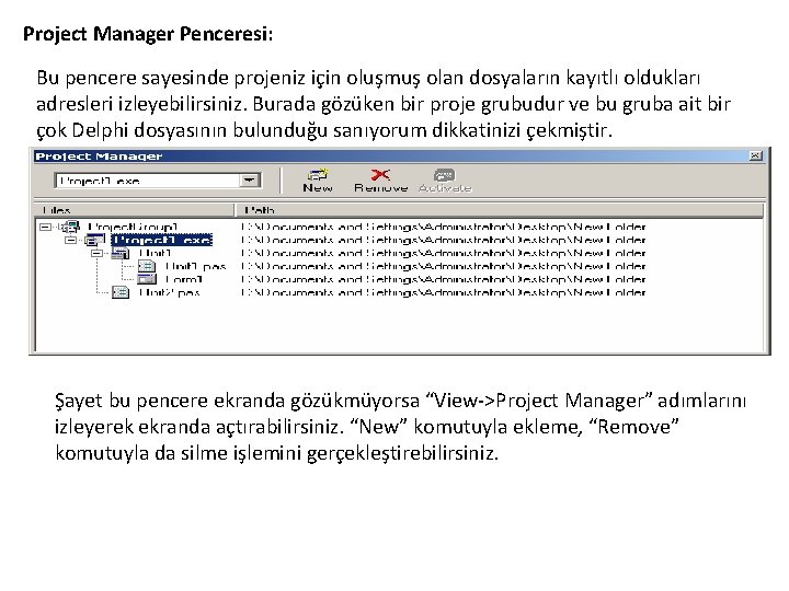 Project Manager Penceresi: Bu pencere sayesinde projeniz için oluşmuş olan dosyaların kayıtlı oldukları adresleri