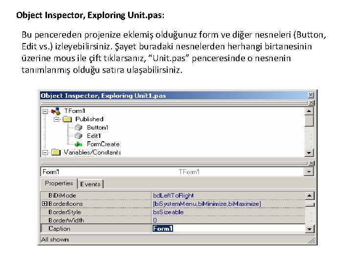 Object Inspector, Exploring Unit. pas: Bu pencereden projenize eklemiş olduğunuz form ve diğer nesneleri