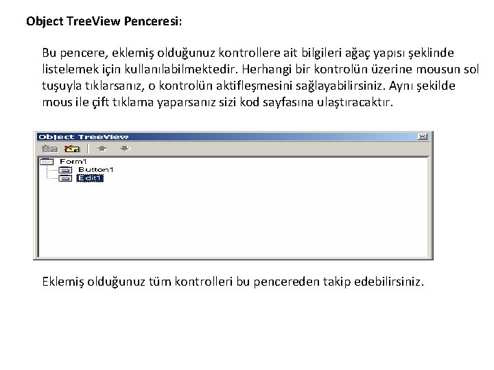 Object Tree. View Penceresi: Bu pencere, eklemiş olduğunuz kontrollere ait bilgileri ağaç yapısı şeklinde