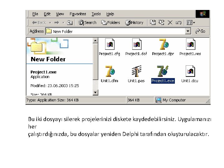 Bu iki dosyayı silerek projelerinizi diskete kaydedebilirsiniz. Uygulamanızı her çalıştırdığınızda, bu dosyalar yeniden Delphi