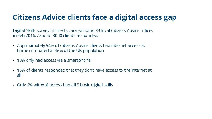 Citizens Advice clients face a digital access gap Digital Skills survey of clients carried