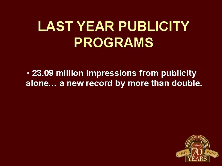 LAST YEAR PUBLICITY PROGRAMS • 23. 09 million impressions from publicity alone… a new