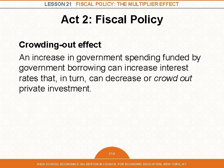 LESSON 21 FISCAL POLICY: THE MULTIPLIER EFFECT Act 2: Fiscal Policy Crowding-out effect An