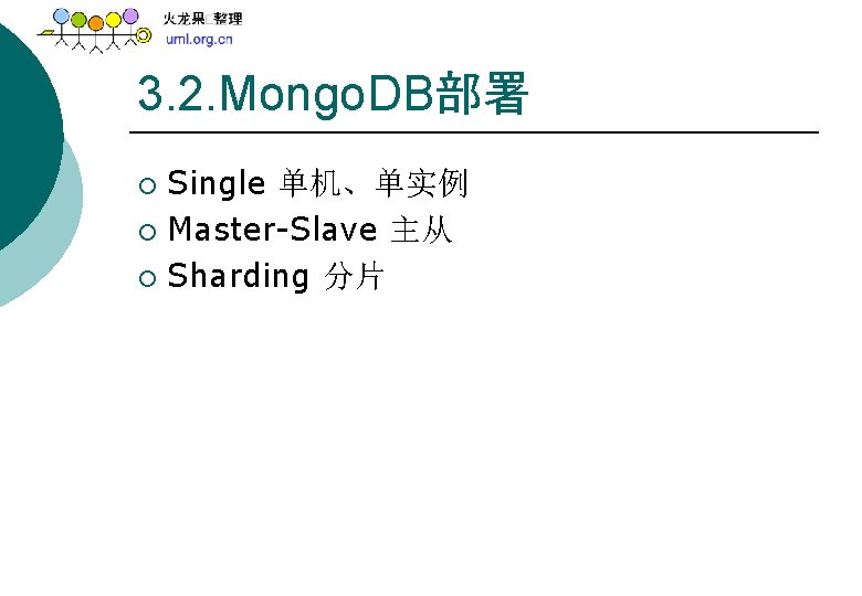 3. 2. Mongo. DB部署 Single 单机、单实例 ¡ Master-Slave 主从 ¡ Sharding 分片 ¡ 