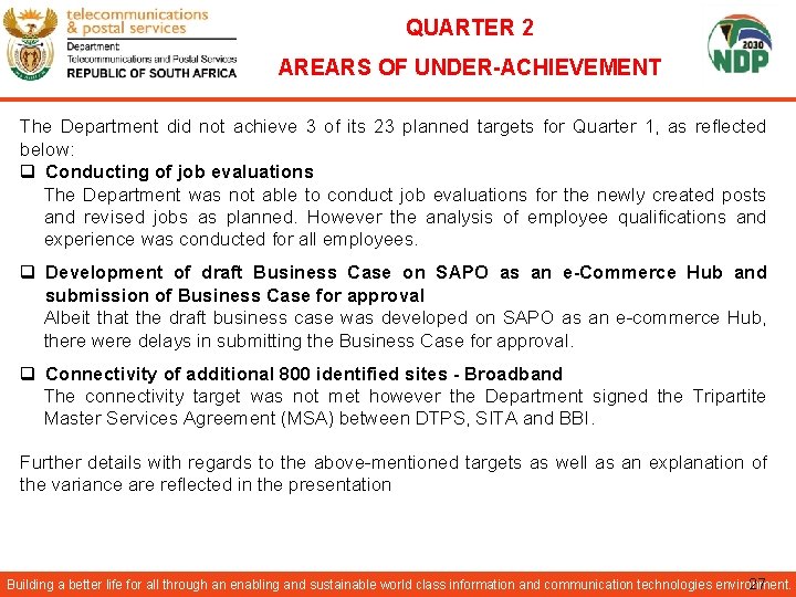 QUARTER 2 AREARS OF UNDER-ACHIEVEMENT The Department did not achieve 3 of its 23