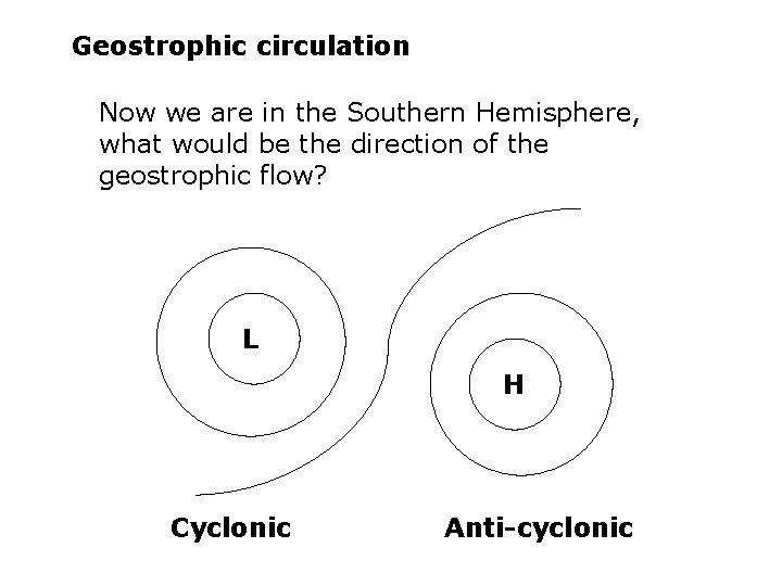 Geostrophic circulation Now we are in the Southern Hemisphere, what would be the direction