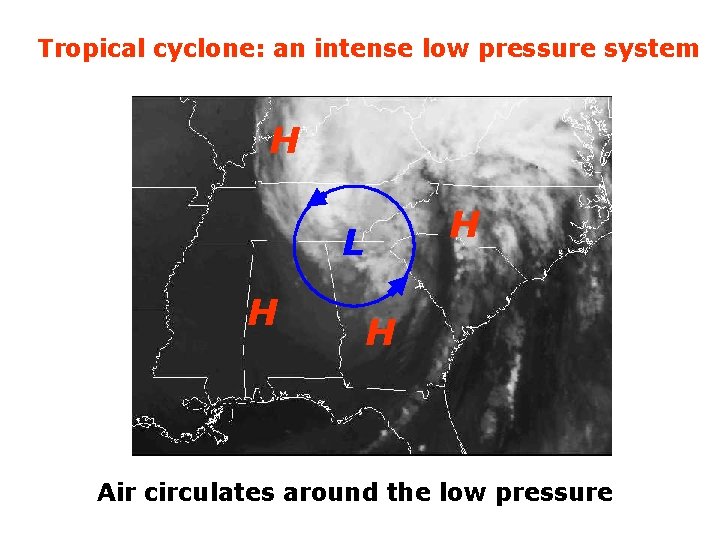 Tropical cyclone: an intense low pressure system H L H H H Air circulates