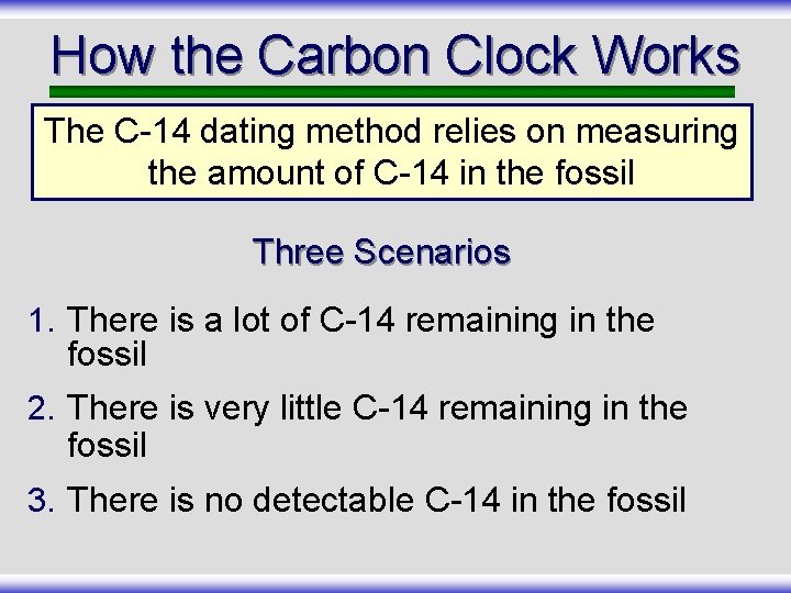 How the Carbon Clock Works The C-14 dating method relies on measuring the amount