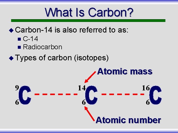 What Is Carbon? u Carbon-14 is also referred to as: C-14 n Radiocarbon n