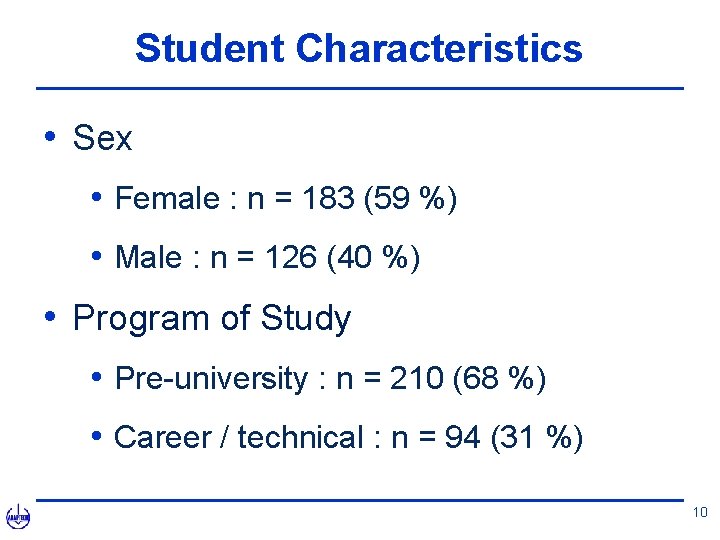Student Characteristics • Sex • Female : n = 183 (59 %) • Male