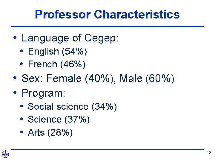 Professor Characteristics • Language of Cegep: • English (54%) • French (46%) • Sex: