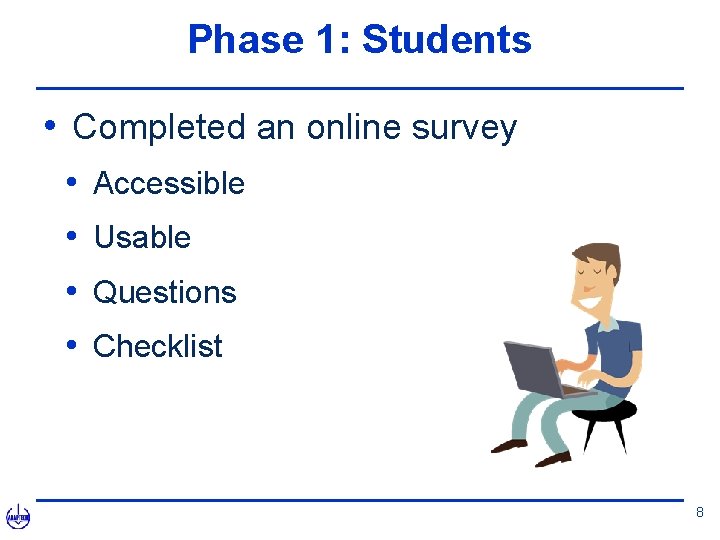 Phase 1: Students • Completed an online survey • Accessible • Usable • Questions