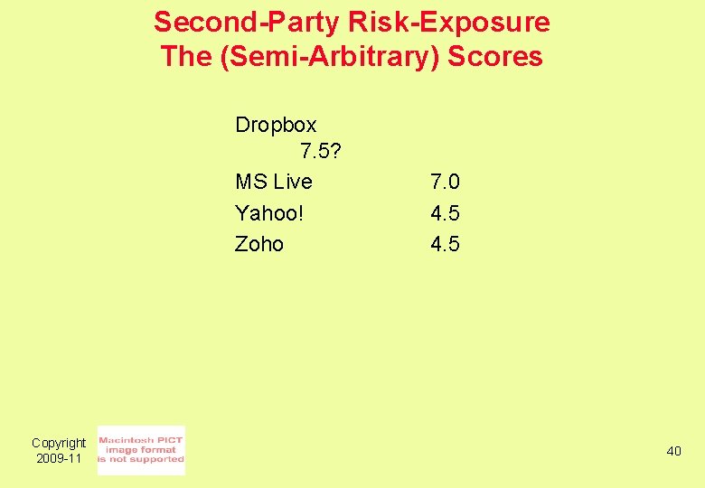 Second-Party Risk-Exposure The (Semi-Arbitrary) Scores Dropbox 7. 5? MS Live Yahoo! Zoho Copyright 2009