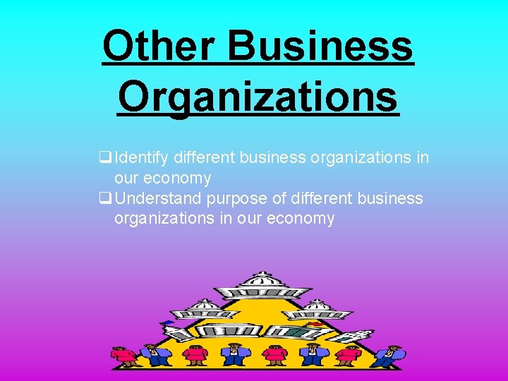 Other Business Organizations q. Identify different business organizations in our economy q. Understand purpose