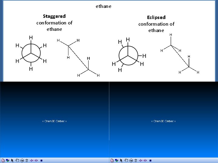 ethane Staggered conformation of ethane Newman Projection Sawhorse Representation Eclipsed conformation of ethane Newman