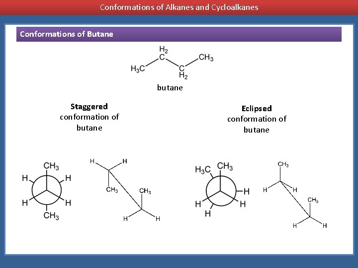 Conformations of Alkanes and Cycloalkanes Conformations of Butane butane Staggered conformation of butane Eclipsed
