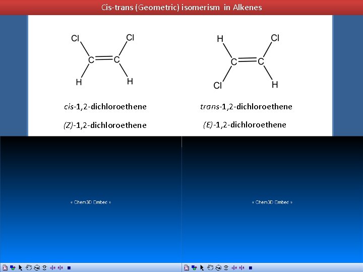 Cis-trans (Geometric) isomerism in Alkenes cis-1, 2 -dichloroethene trans-1, 2 -dichloroethene (Z)-1, 2 -dichloroethene