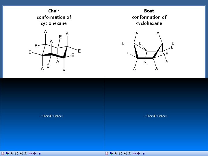 Chair conformation of cyclohexane Boat conformation of cyclohexane 