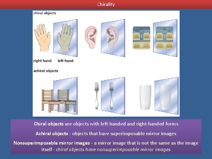 Chirality Chiral objects are objects with left-handed and right-handed forms Achiral objects - objects