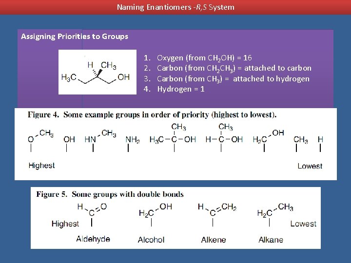 Naming Enantiomers -R, S System Assigning Priorities to Groups 1. 2. 3. 4. Oxygen
